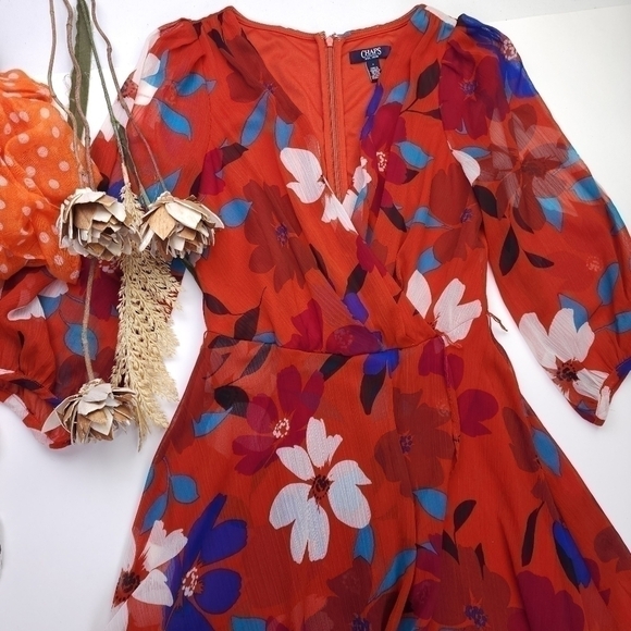 CHAPS Reddish Orange Blue Floral Dress Size 4 - Picture 3 of 15